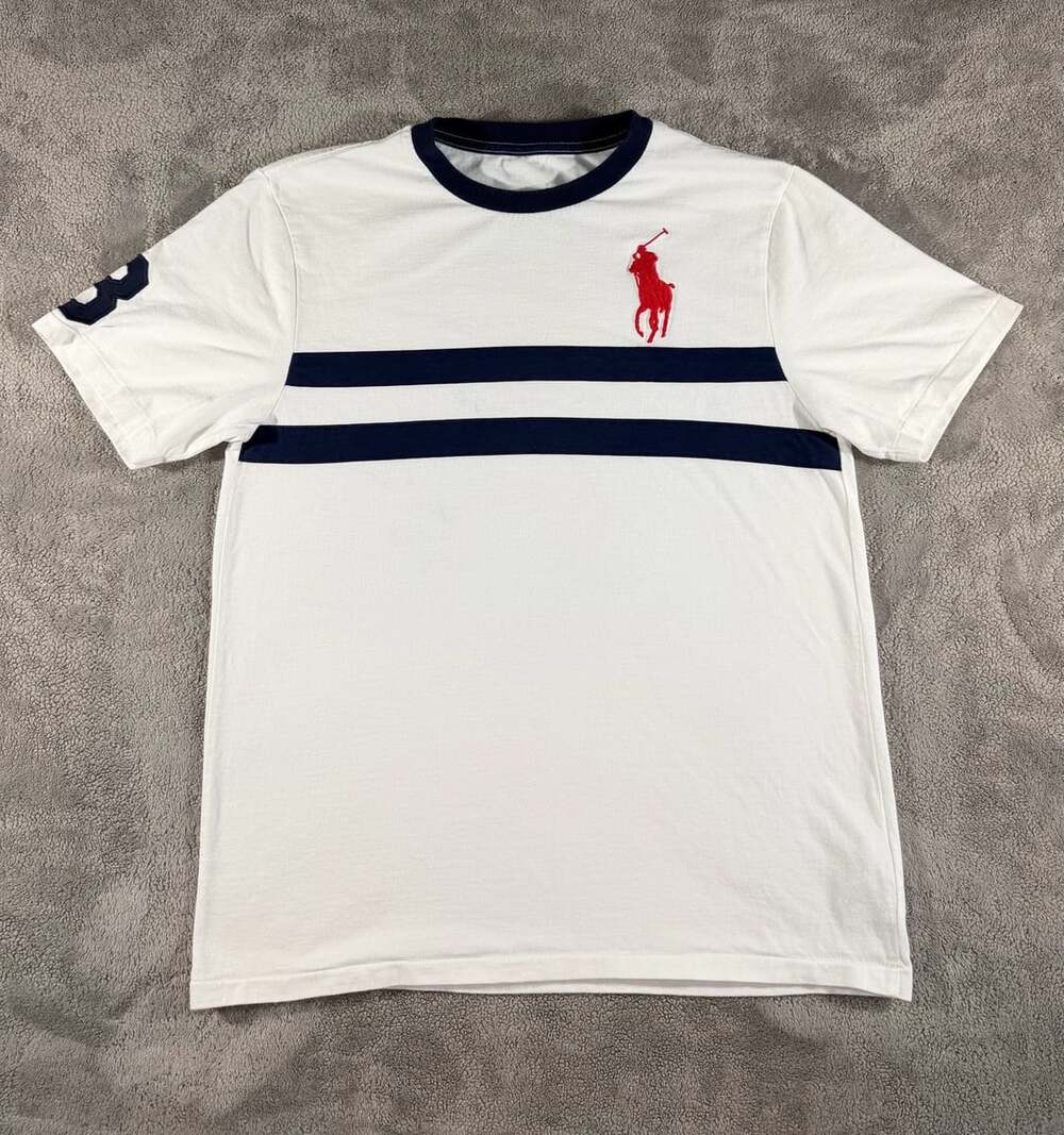 Polo Ralph Lauren Youth Striped Big Pony T-Shirt White Blue, XL (12-18)